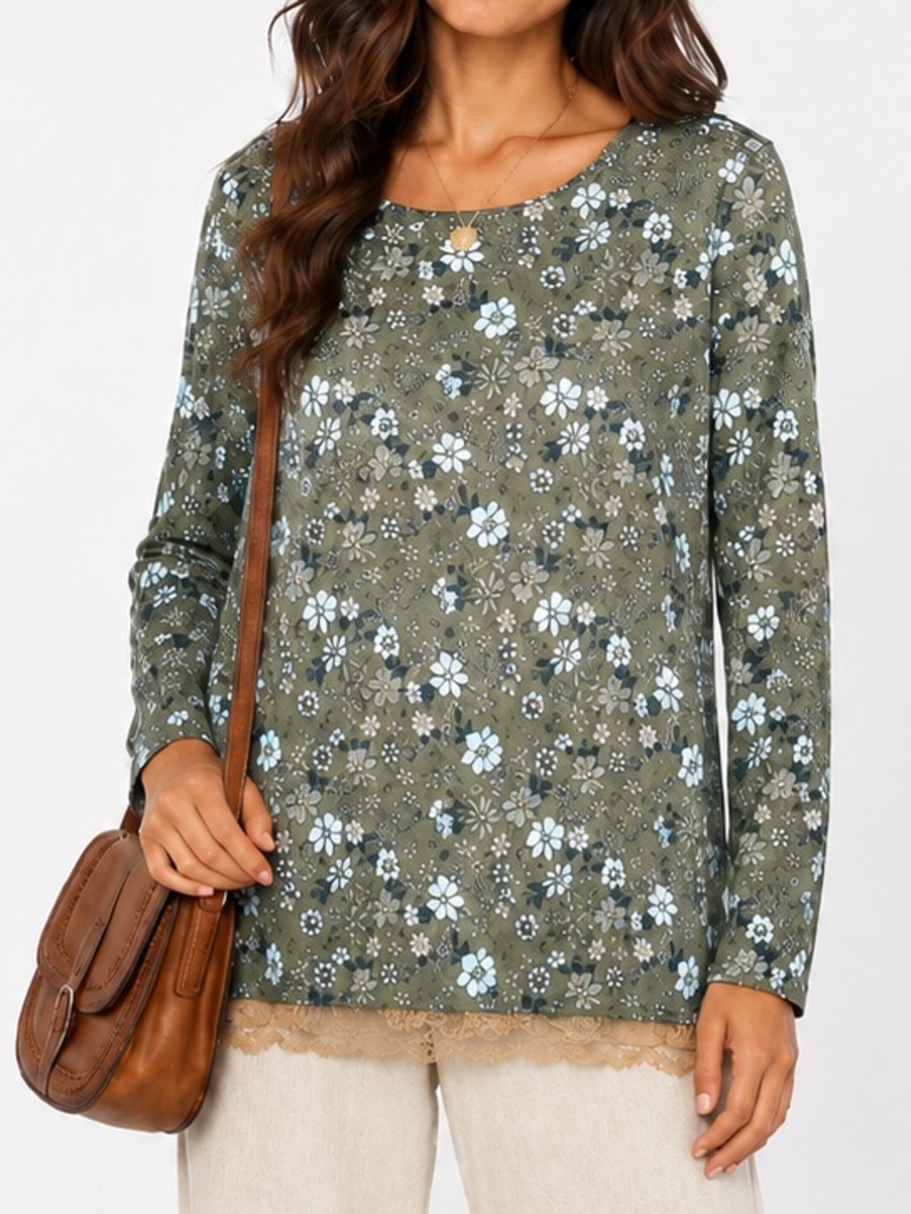 LOGO by Lori Goldstein Green Ditsy Floral Lace Trim Knit Tunic Top Size 1X